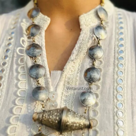 Silver Vintage Necklace with Dangling Pendant, Kuchi Handmade Necklace - Picture 4 of 6